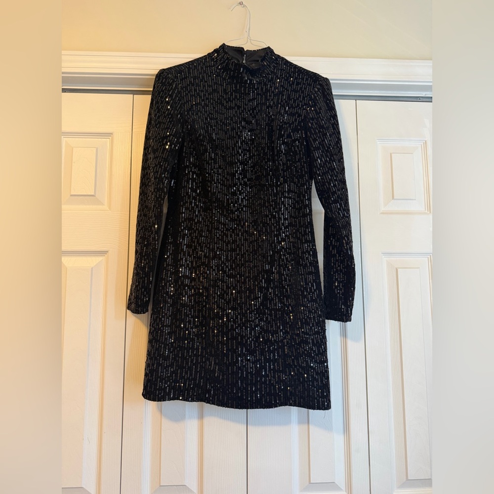 Blue Rain Black Sequin Mini Dress Open Back Long Sleeve Size L